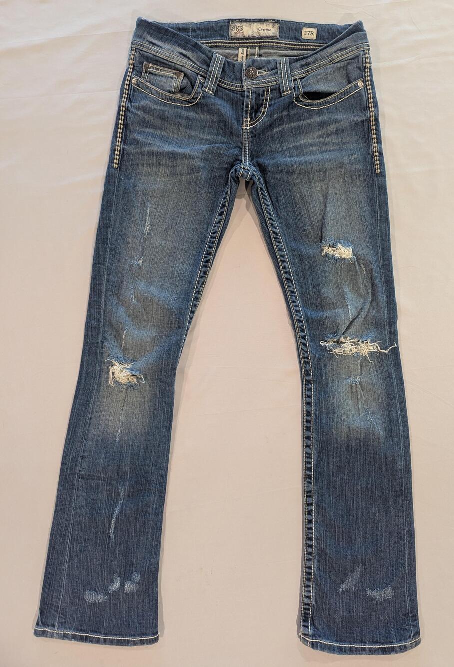 BKE Stella Jeans Womens 27R Blue Med Wash Low Rise Straight Distressed Denim